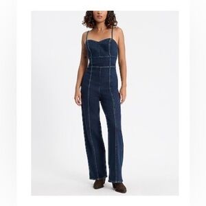 Express Dark Blue Jean Wide-Leg Jumpsuit